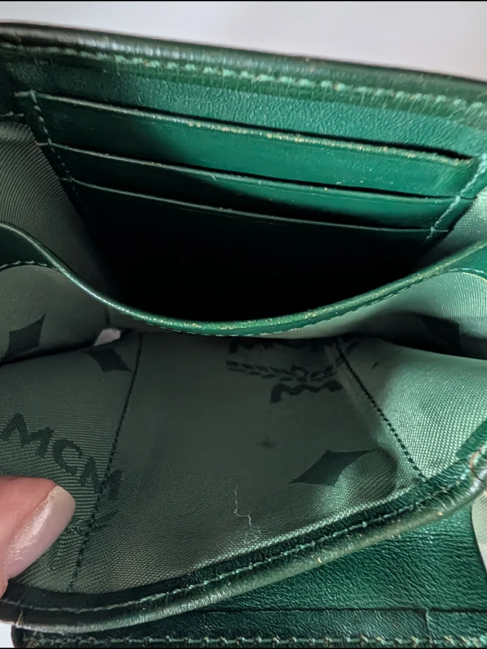 Vintage MCM München Green Leather Trifold Wallet and Gold Charms